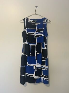 Ralph Lauren Blue, Black & White Sleeveless Geometric Midi Dress